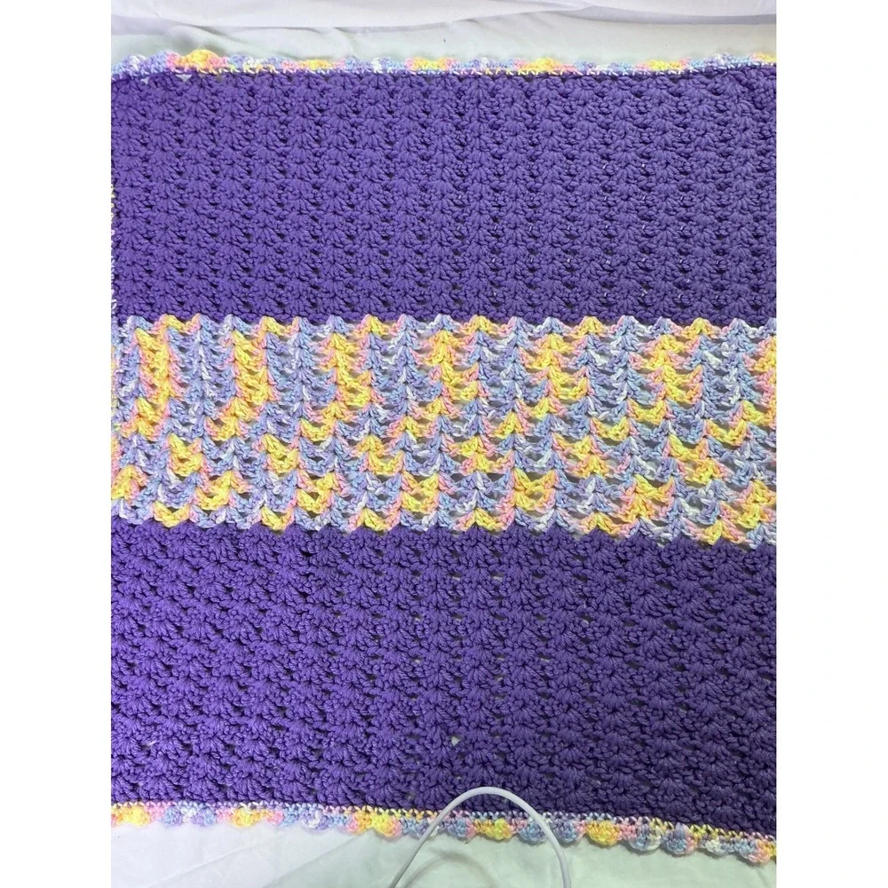 Vintage Handmade Crochet Baby Blanket Purple Pastel Throw 24x24 Cottagecore